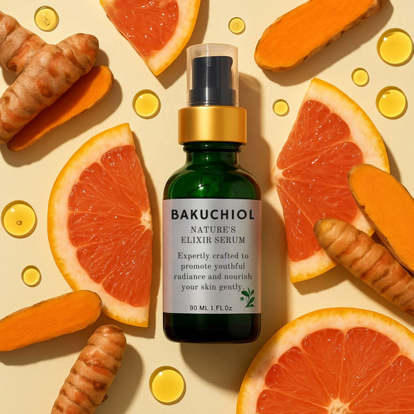 Bottle of Bakuchiol serum surrounded by grapefruit slices and turmeric on a beige background