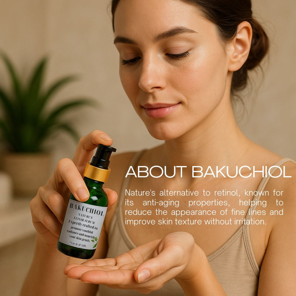 Woman holding a bottle of Bakuchiol skincare product with text about its benefits.