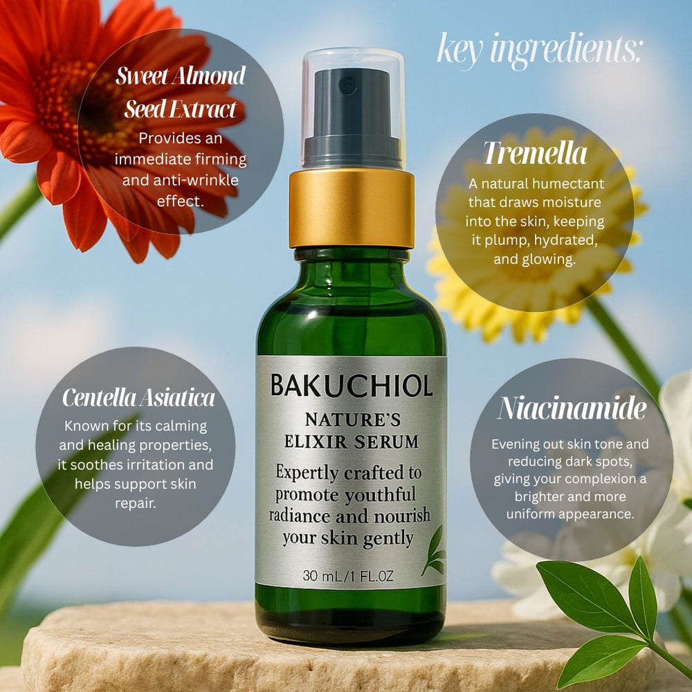 Bakuchoi Nature's Elixir Serum bottle with key ingredients highlighted on a natural background