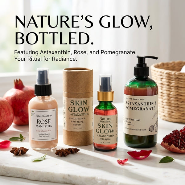 Four skincare products from Nature's Glow are arranged on a marble surface with pomegranate, star anise, rose petals, and a woven basket in a bright indoor setting. The products include Rose Manista, Astaxanthin & Rose Serum, Astaxanthin & Rose Ampoule, and Astaxanthin & Pomegranate Ritual Cream.