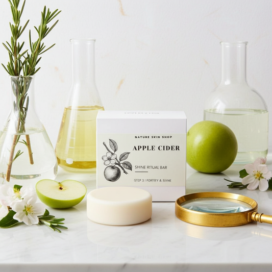 Apple cider product with apples, flowers, and a magnifying glass on a white surface