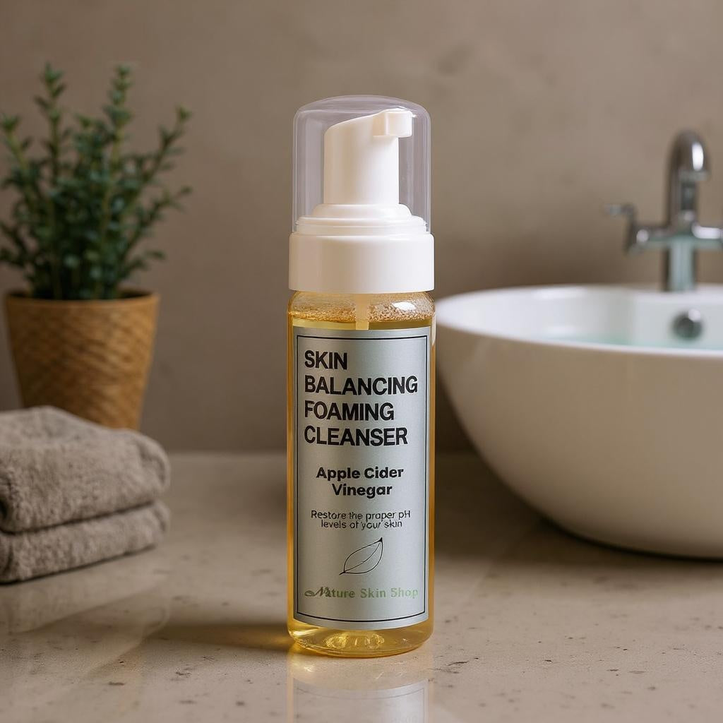 Foaming cleanser bottle labeled 'Skin Balancing Foaming Cleanser' with apple cider vinegar on a bathroom counter. Foaming cleanser bottle labeled 'Skin Balancing Foaming Cleanser' with apple cider vinegar on a bathroom counter.