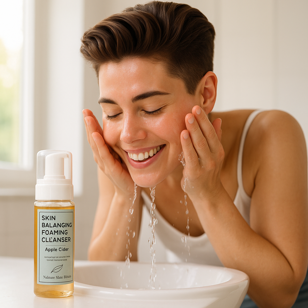 Woman washing her face with a bottle of 'Skin Balancing Foaming Cleanser' in the foreground. Woman washing her face with a bottle of 'Skin Balancing Foaming Cleanser' in the foreground.