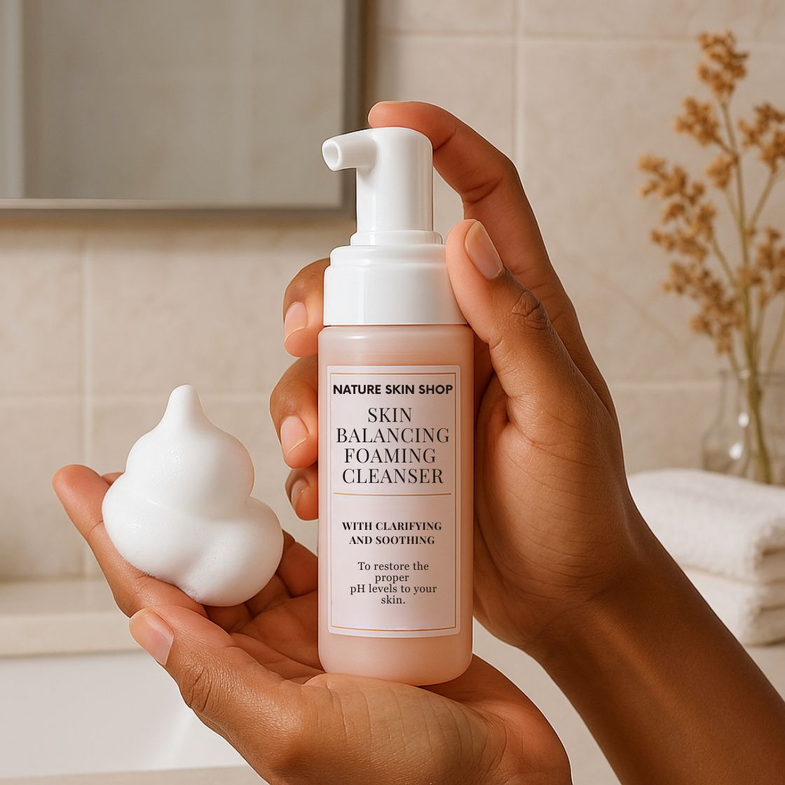 Hand holding a bottle of 'Nature Skin Shop' skin balancing foaming cleanser with a small amount on a指尖. Hand holding a bottle of 'Nature Skin Shop' skin balancing foaming cleanser with a small amount on a指尖.