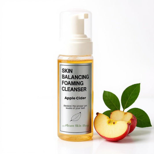 Skin balancing foaming cleanser bottle with apple cider flavor on a white background