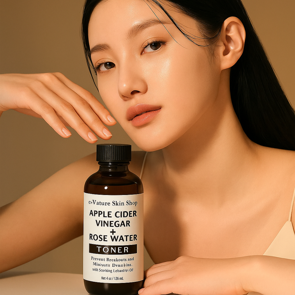 Woman holding a bottle of Apple Cider Vinegar and Rose Water Toner with a neutral background