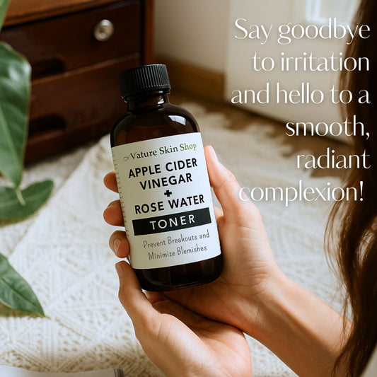 Hand holding a bottle of 'Apple Cider Vinegar + Rose Water Toner' with text about skin benefits.