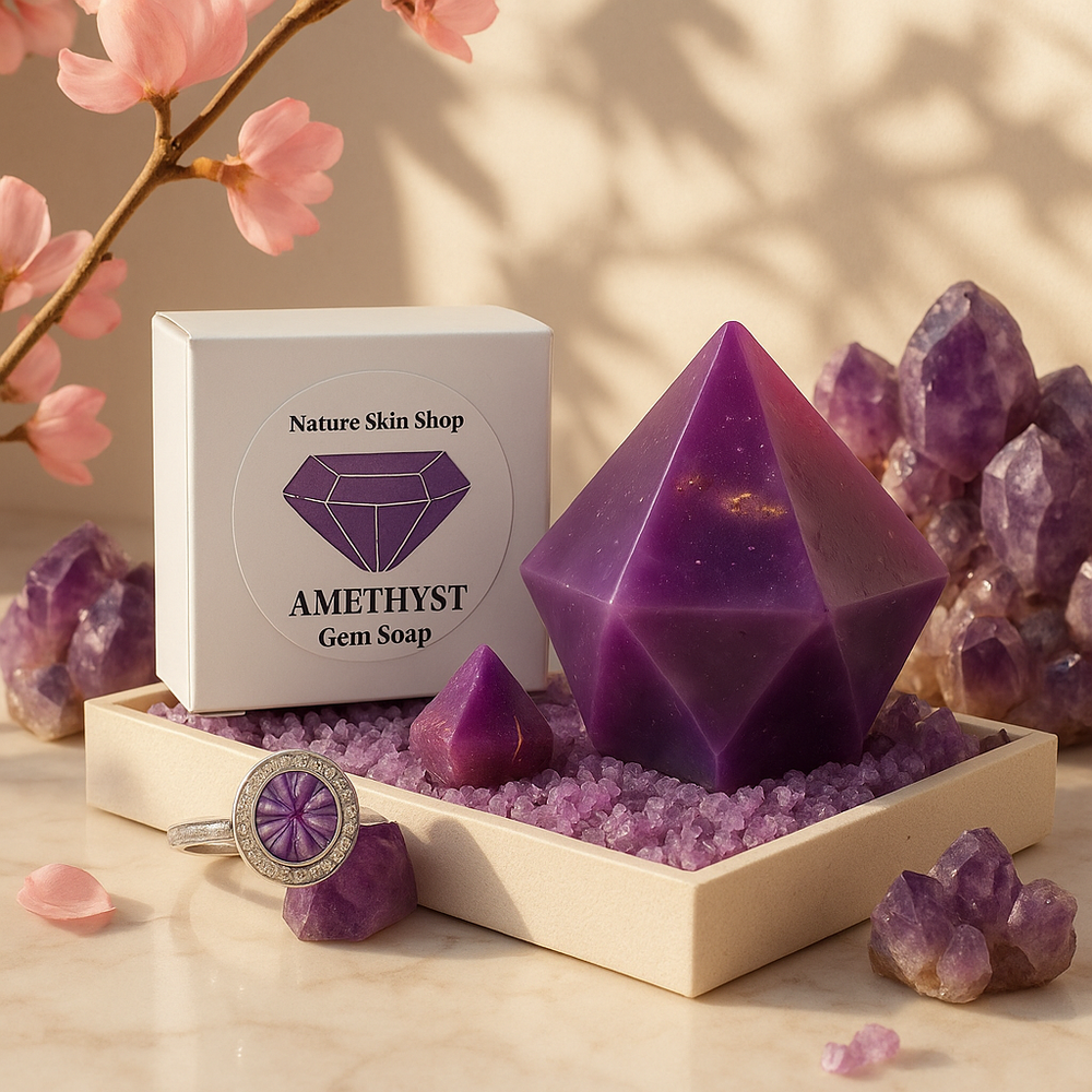 Amethyst gem soap with packaging and crystals on a wooden tray