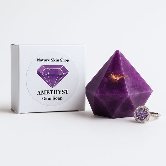 Amethyst gem soap with packaging and a ring on a white background