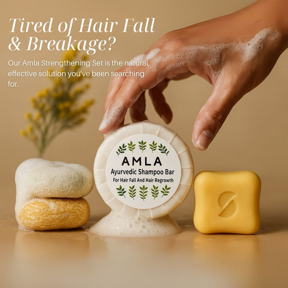 Amla Ayurvedic Shampoo Bar with a hand holding it, on a beige background.