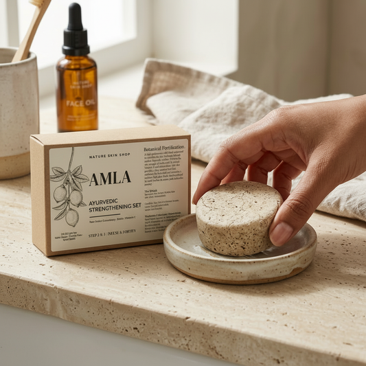 Person holding a natural sponge next to an Amla product box on a wooden surface.