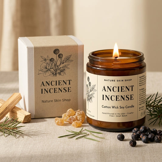 Ancient Incense candle from Nature Skin Shop with packaging and natural elements on a neutral background