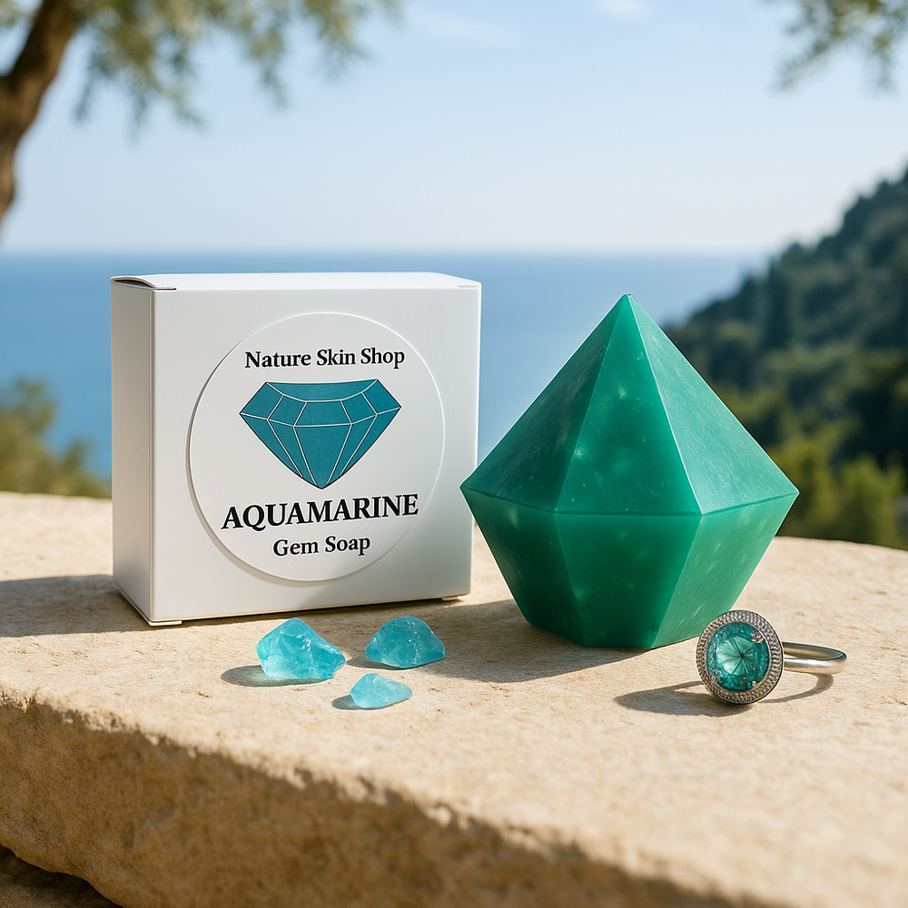 Aquamarine gem soap with packaging and a ring on a natural background