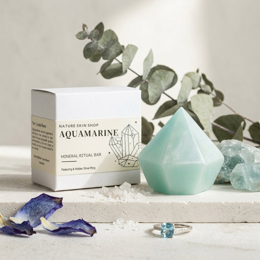 Aquamarine mineral ritual bar with packaging and crystals on a neutral background