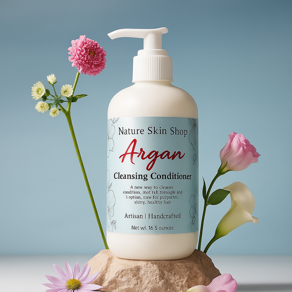 Argan cleansing conditioner bottle with flowers on a light blue background Argan cleansing conditioner bottle with flowers on a light blue background