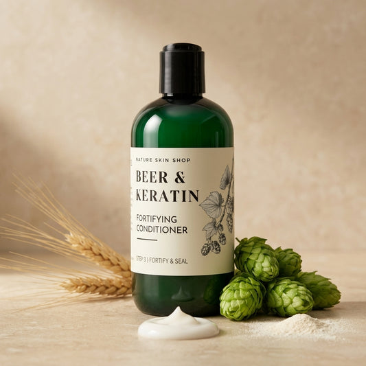 Green conditioner bottle labeled 'Beer & Keratin' with hop cones and wheat on a beige background