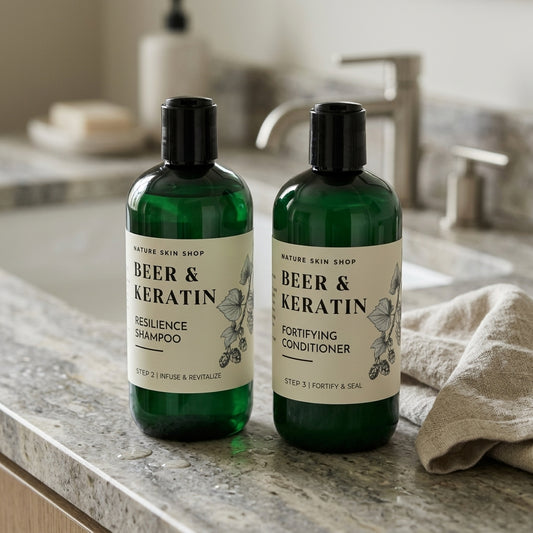 Two bottles of Beer & Keratin shampoo and conditioner on a bathroom counter.