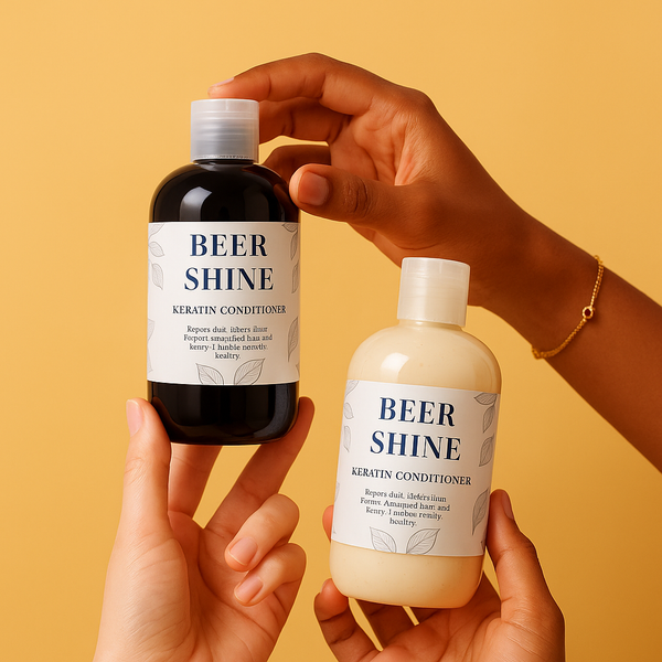 Two bottles of 'Beer Shine' Keratin Conditioner held by hands against a yellow background