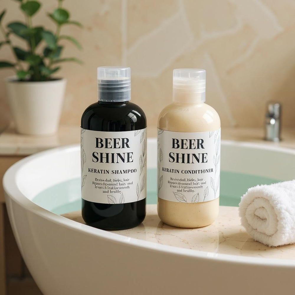 Two bottles of 'Beer Shine' shampoo and conditioner on a bathtub rim with a towel and plant in the background.