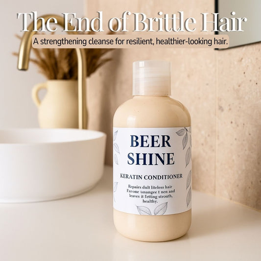 Beer Shine keratin conditioner bottle on a bathroom counter with text about brittle hair.