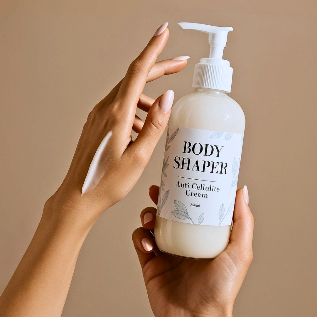 Hand holding a bottle of 'Body Shaper' anti-cellulite cream against a beige background Hand holding a bottle of 'Body Shaper' anti-cellulite cream against a beige background