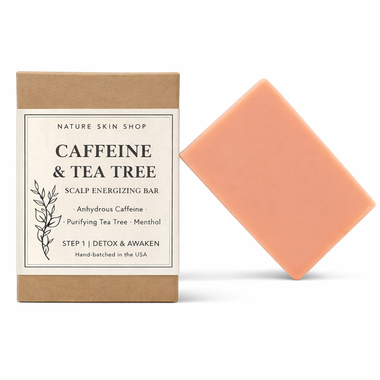 Caffeine and Tea Tree soap bar with packaging on a white background