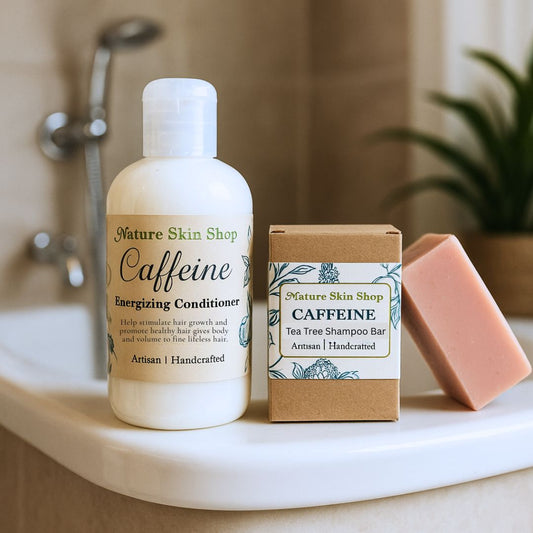 Nature Skin Shop caffeine products on a bathroom counter