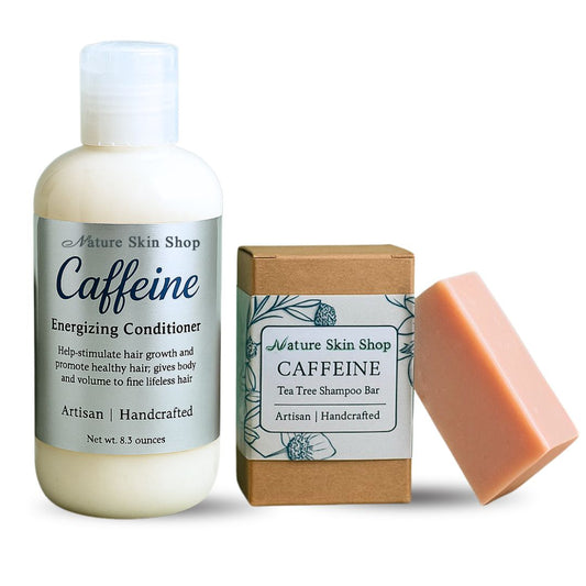 Nature Skin Shop caffeine products including a conditioner bottle and shampoo bar on a white background