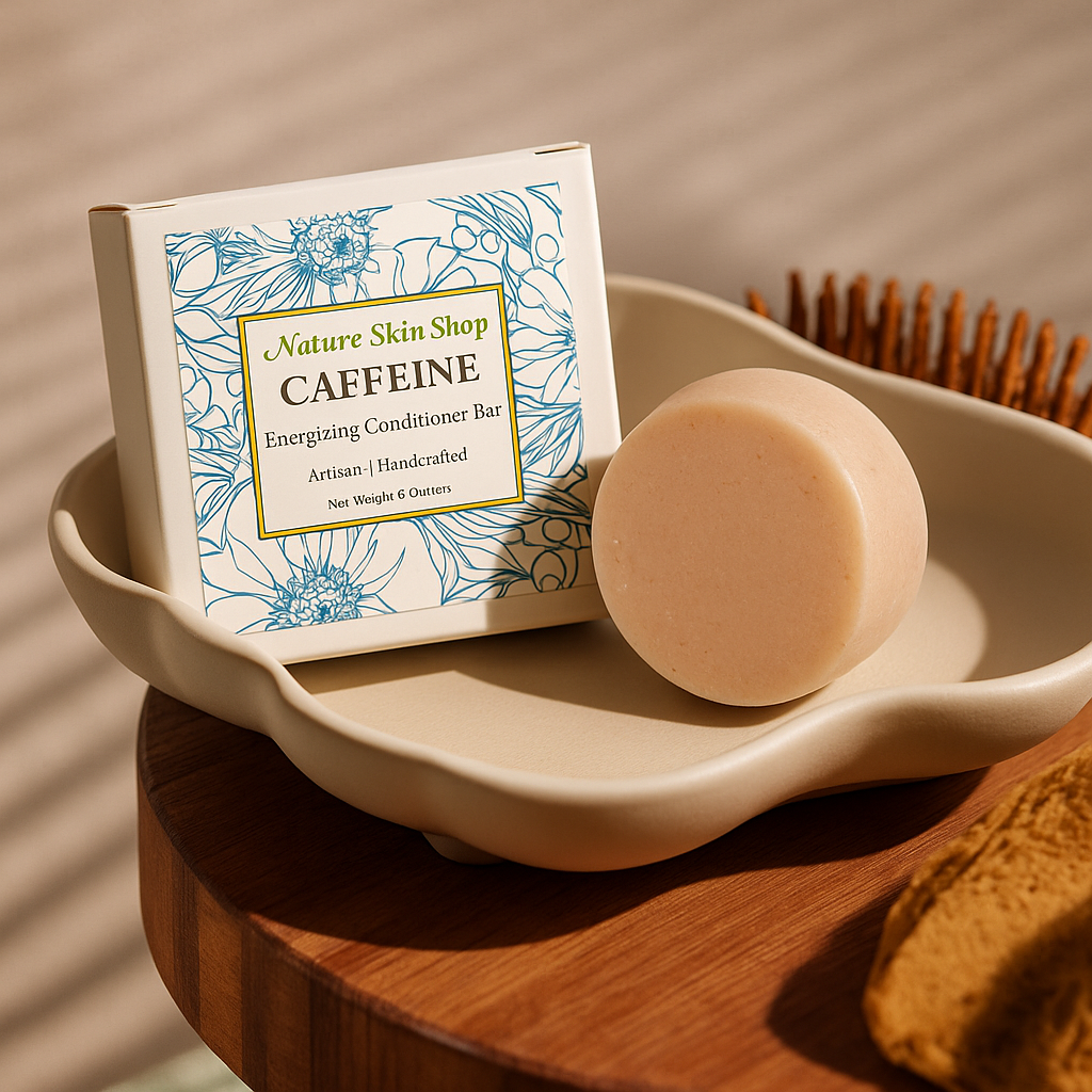 Nature Skin Shop caffeine soap bar on a white dish with packaging in the background. Nature Skin Shop caffeine soap bar on a white dish with packaging in the background.