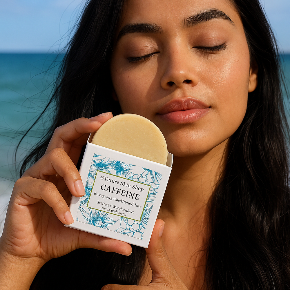 Woman holding a product with 'Nature Skin Shop' branding against a beach background