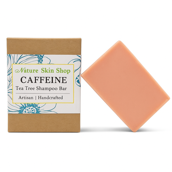 Tea tree shampoo bar with packaging labeled 'Nature Skin Shop' on a white background