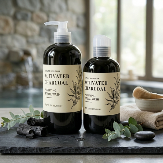 Two bottles of activated charcoal wash on a stone surface with natural elements.
