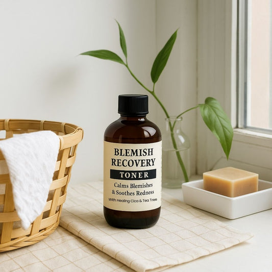 Blemish Recovery Toner bottle on a bathroom counter with a plant and soap dish in the background.