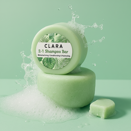 CLARA 2-1 Shampoo Bar with water droplets on a green background