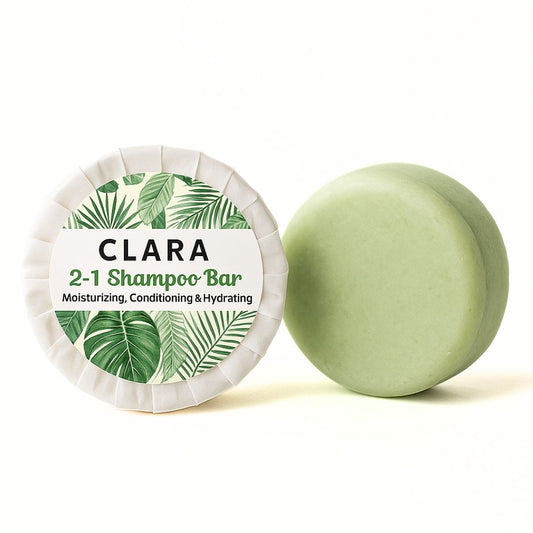 Clara 2-1 Shampoo Bar with packaging on a white background