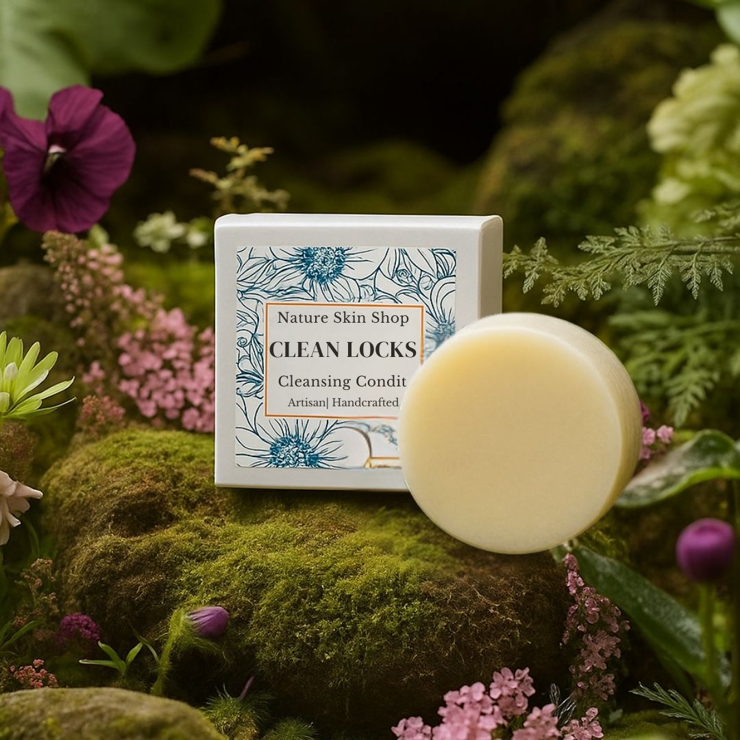 Bar of soap and packaging labeled 'Clean Locks' on a mossy surface with flowers in the background Bar of soap and packaging labeled 'Clean Locks' on a mossy surface with flowers in the background