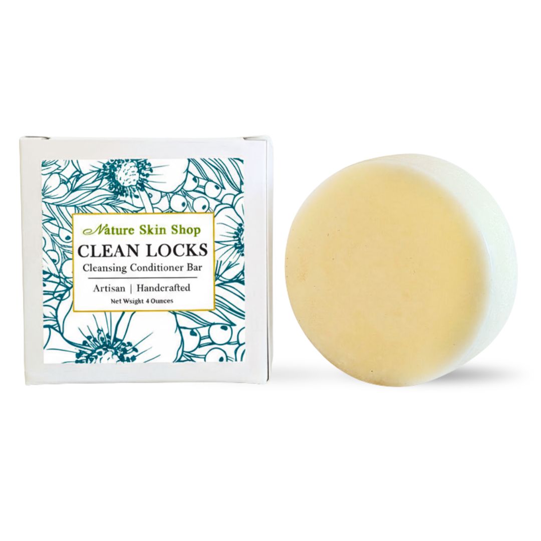 Cleansing conditioner bar with packaging labeled 'Nature Skin Shop Clean Locks' on a white background Cleansing conditioner bar with packaging labeled 'Nature Skin Shop Clean Locks' on a white background