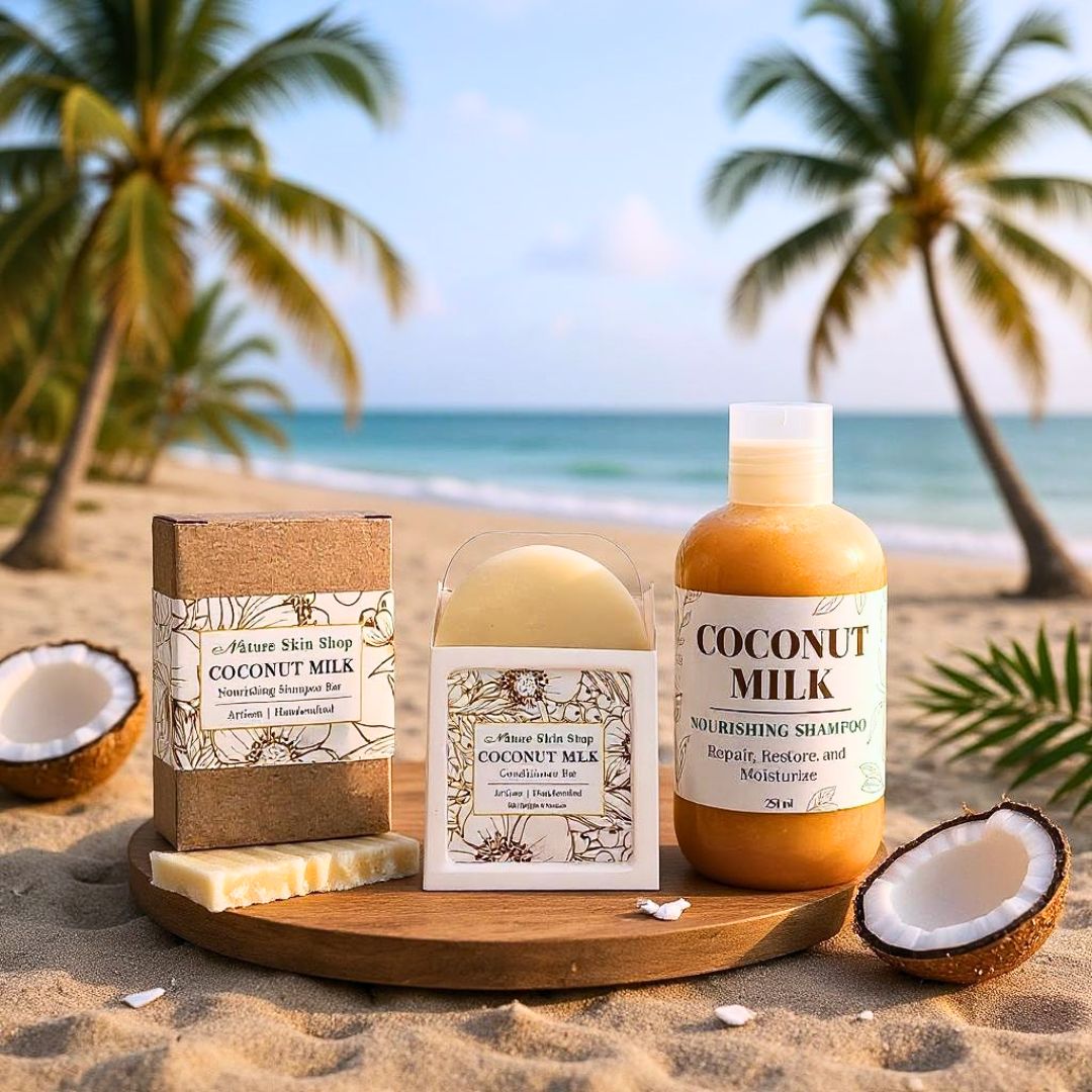 Coconut milk skincare products on a beach with palm trees and ocean in the background Coconut milk skincare products on a beach with palm trees and ocean in the background