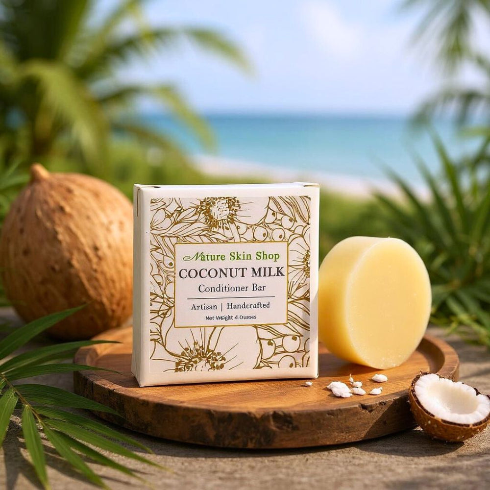 Coconut milk conditioner bar with packaging on a wooden board outdoors