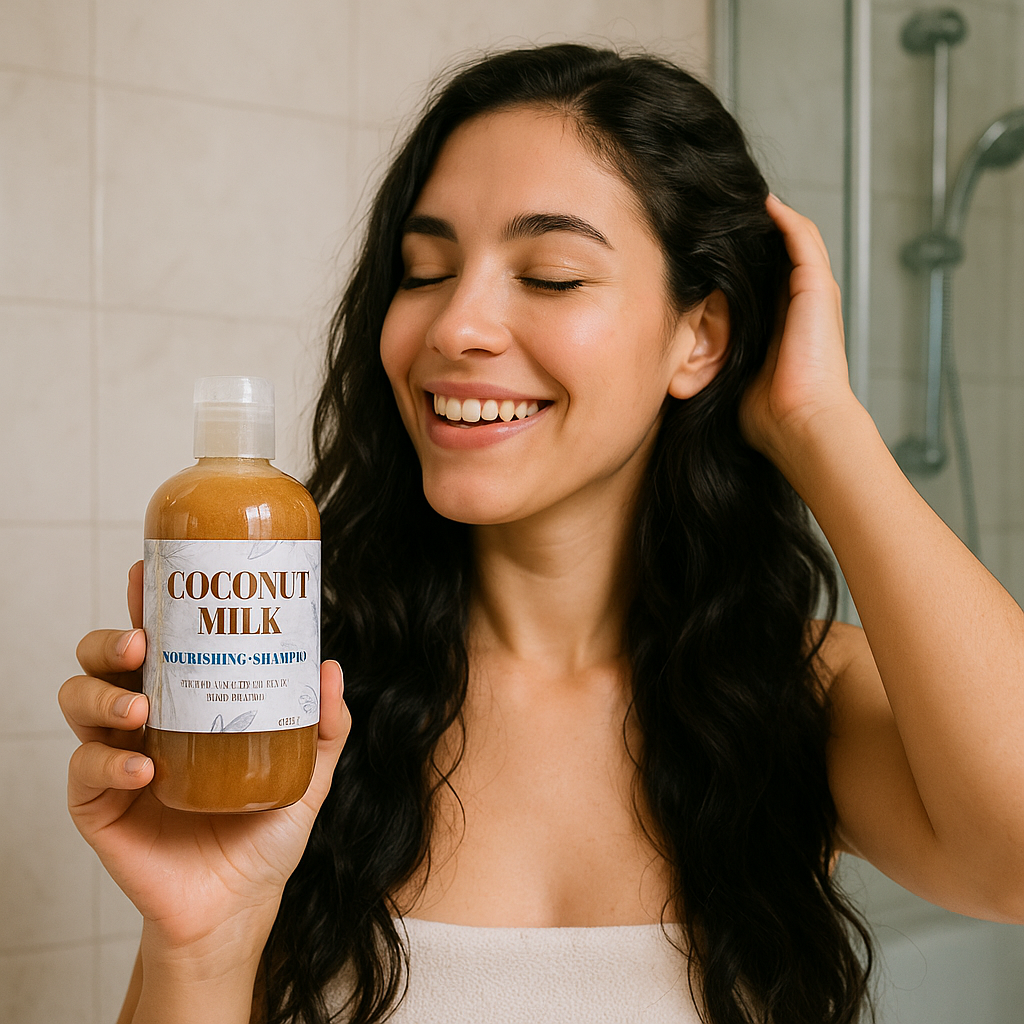 Woman holding a bottle of coconut milk shampoo in a bathroom setting Woman holding a bottle of coconut milk shampoo in a bathroom setting