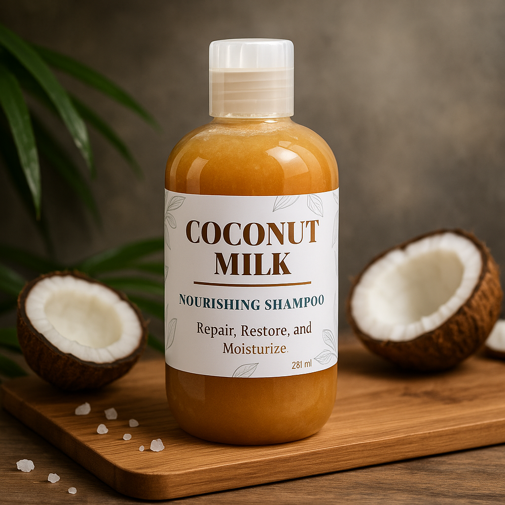 Bottle of coconut milk shampoo with coconuts on a wooden board Bottle of coconut milk shampoo with coconuts on a wooden board