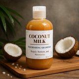 Bottle of coconut milk shampoo with coconuts on a wooden board Bottle of coconut milk shampoo with coconuts on a wooden board