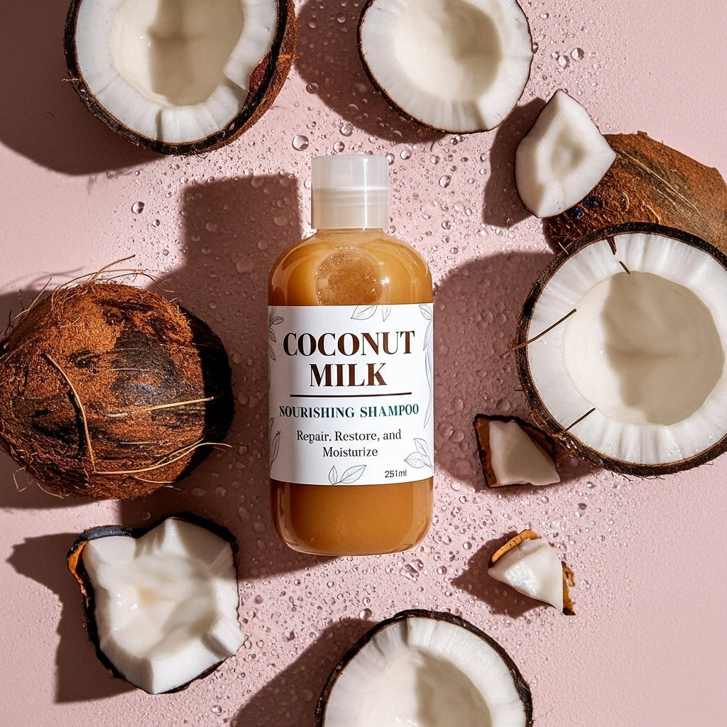 Bottle of coconut milk shampoo surrounded by coconuts on a pink background Bottle of coconut milk shampoo surrounded by coconuts on a pink background