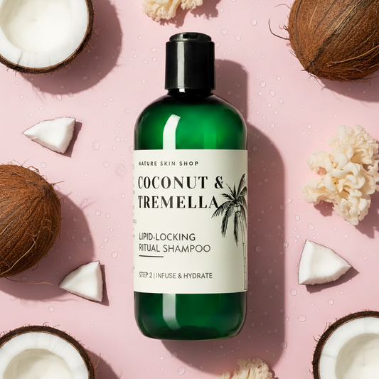 Bottle of Coconut & Tremella shampoo with coconuts and flowers on a pink background