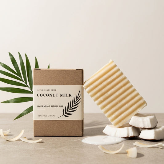 Coconut milk soap bar and packaging with coconut pieces and leaves on a neutral background