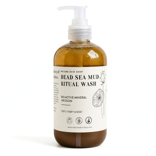 Bottle of Dead Sea Mud Ritual Wash with a pump on a white background