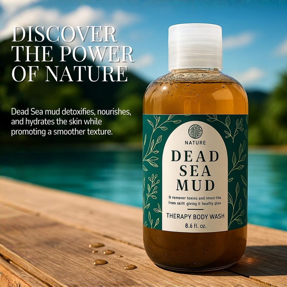 Bottle of Dead Sea Mud therapy body wash with a scenic background