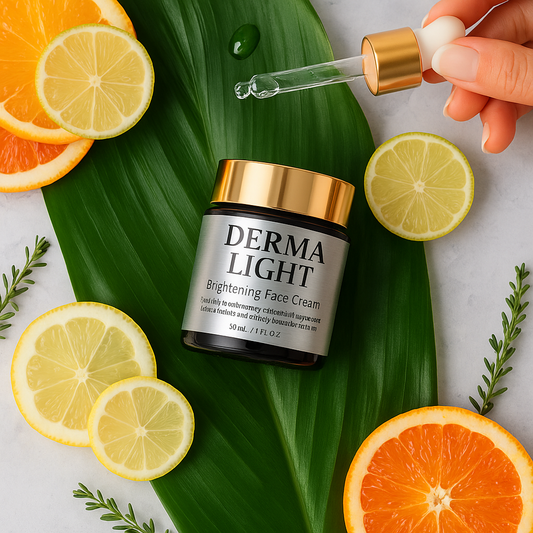 Derma Light brightening face cream with a dropper, surrounded by sliced oranges and lemons on a green leaf.
