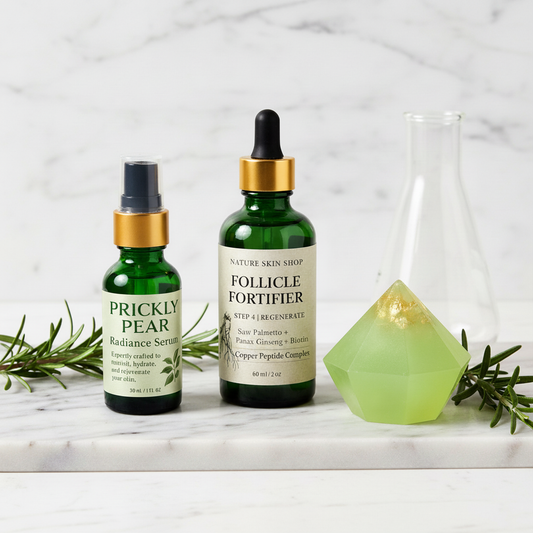 Three green skincare products on a marble surface with a white background
