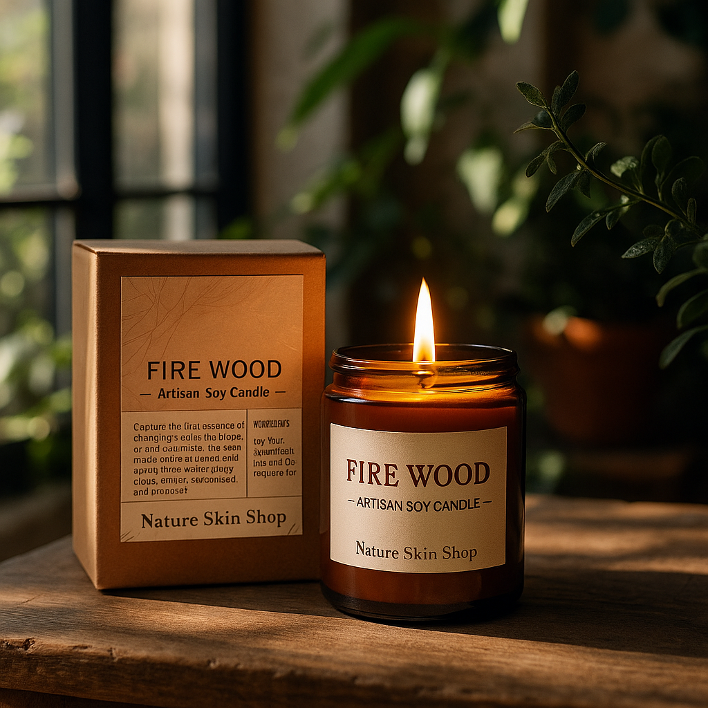 Fire Wood candle and packaging from Nature Skin Shop on a wooden surface with plants in the background Fire Wood candle and packaging from Nature Skin Shop on a wooden surface with plants in the background